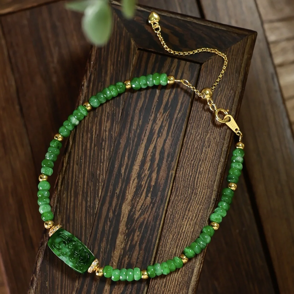 Natural A Grade Dry Green Jade Carved Bracelet, S925 Silver Gold Plated, Jade Disc Beads, Adjustable Chain Women Jewelry