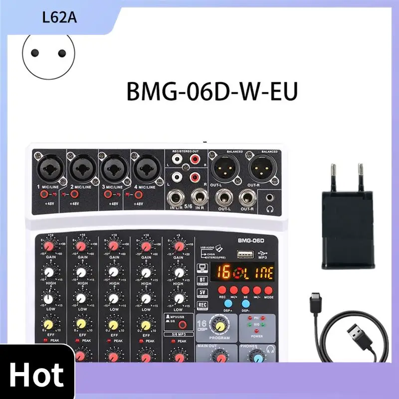

L62A Portable 6 Channel Audio Mixer Mixing Console USB Interface Sound Card With 99-DSP 48V Phantom Power