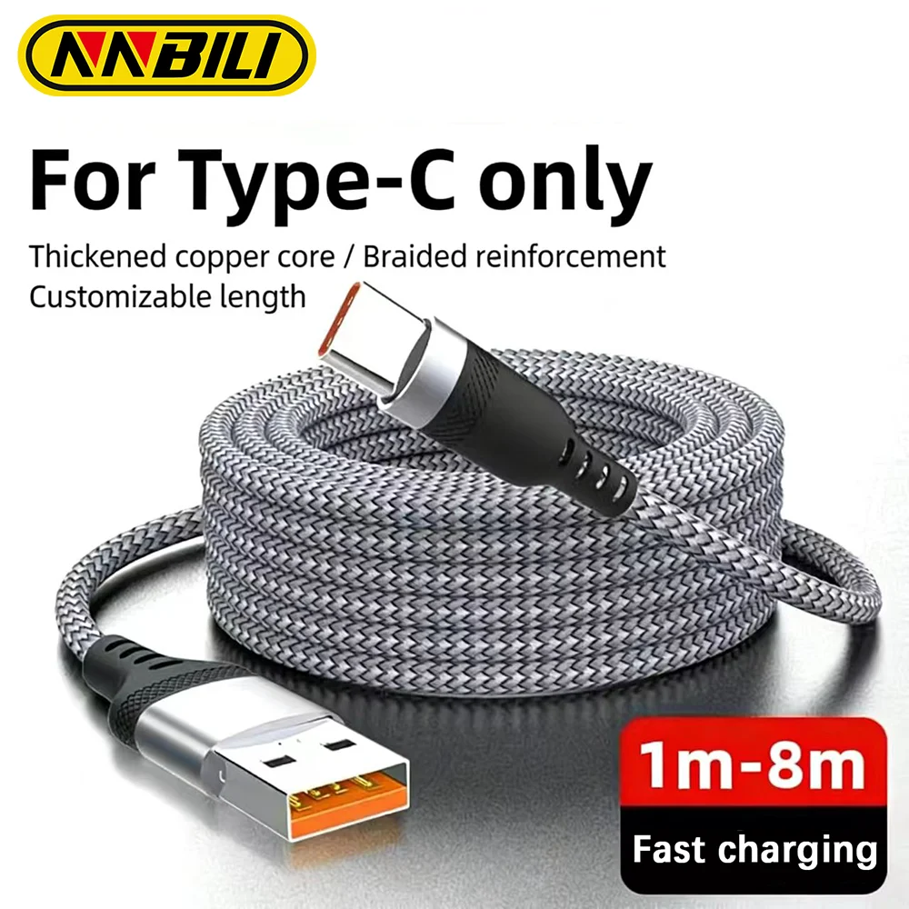 NNBILI USB Type C 6A Fast Charging Cable For Huawei USB C Extended 1m 2m 3m 5m 8-Meter Cable For Xiaomi Vivo Leeco OnePlus Oppo