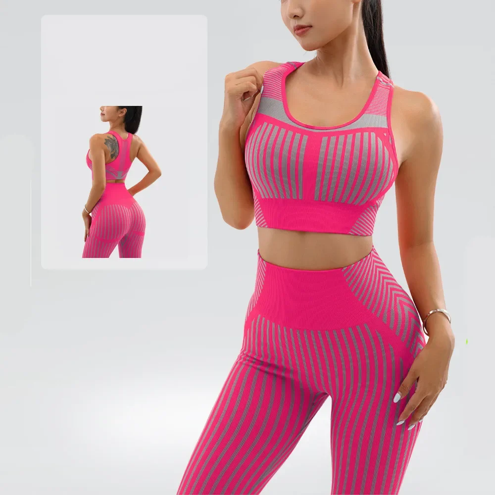 2 pçs sem costura conjunto de yoga neon verde listrado colete colheita superior com cintura alta leggings ternos esportivos fitness treino ginásio roupas