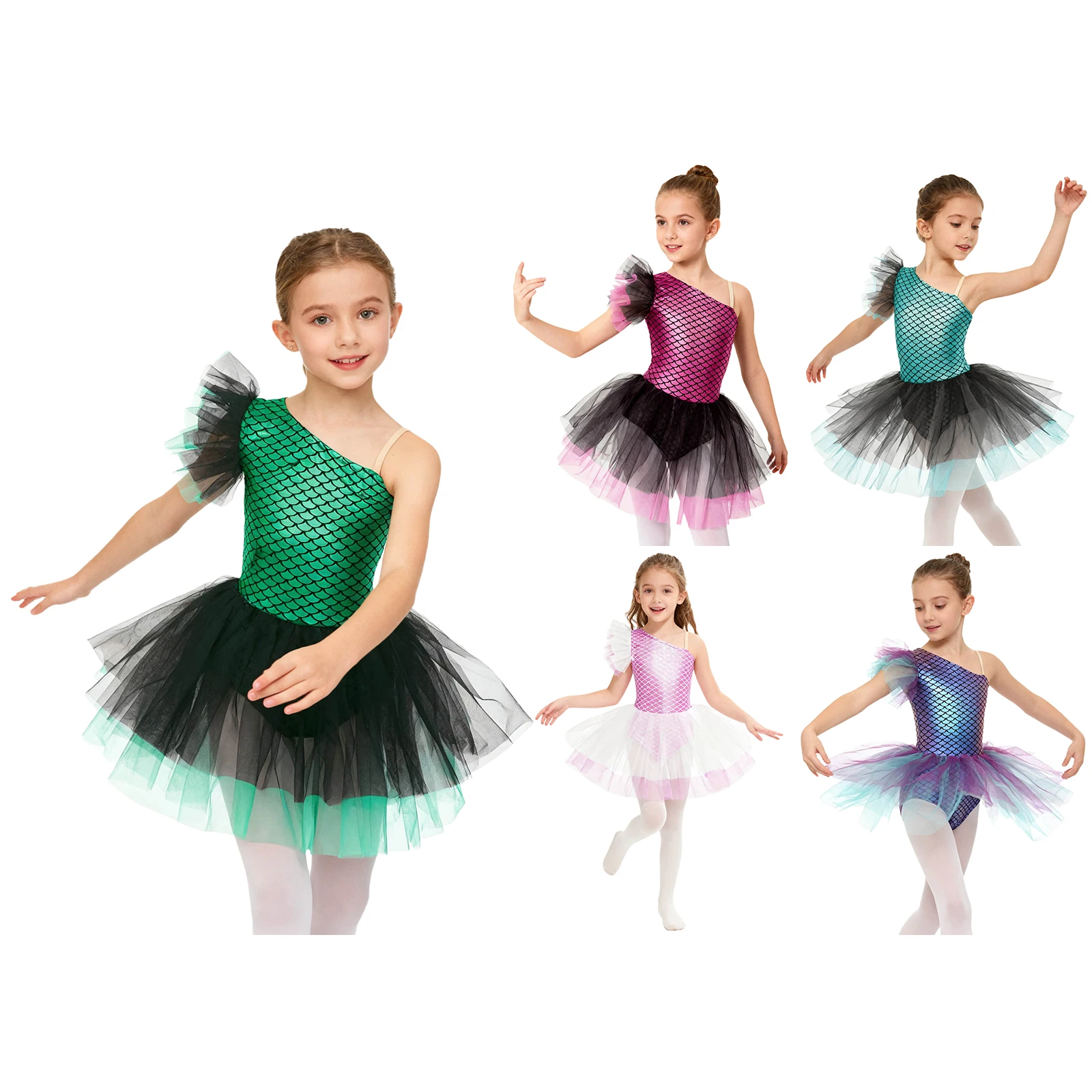 Kid Girls Mermaid Ballet Tutu Dress Gymnastics Leotard Fish Scales Print Halloween Dance Performance Costume Ballerina Dancewear