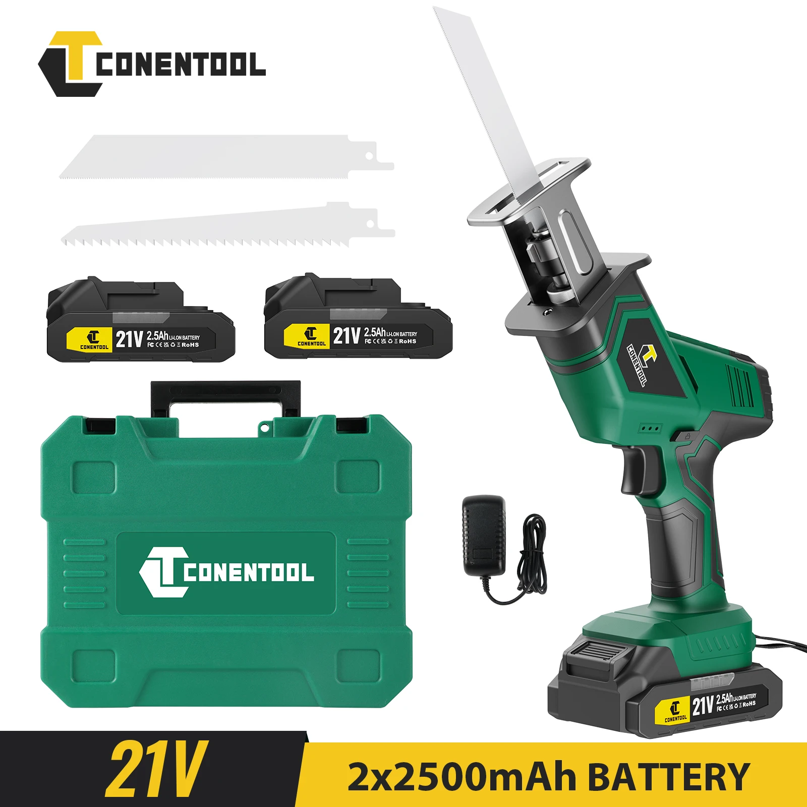 CONENTOOL 21V Cordless Reciprocating Saw, Brushless Electric Saw for Metal & Wood, with 2x 2500mAh Batteries Powerful Tool Set