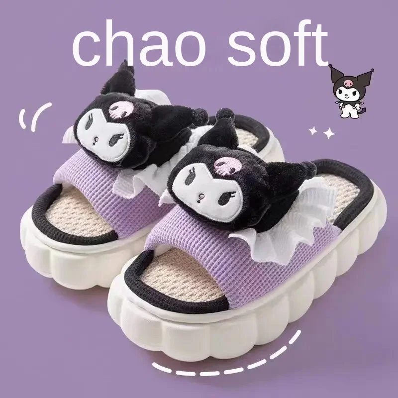 Sanrio Kuromi Cat Cat Linen Slippers Four Seasons Universal Indoor Home Cotton Linen Sandals Cute Cartoon Breathable Slippers