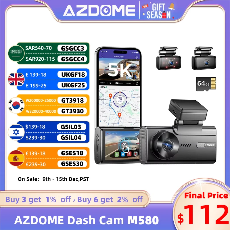 AZDOME 5K Dash Cam M580 Front and Rear Inside Car Camera 4K+1080P+1080P Video Recorder GPS WiFi 24H Parking Mode IR Night Vision