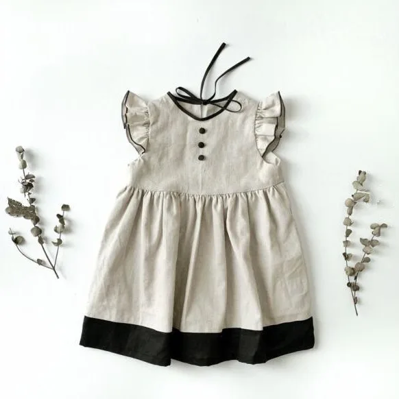 Korean Fashion Summer New Simple Buttful Knot Fly Sleeve Lace Patchwork Dress Kids Clothes Girls Splicing Dress