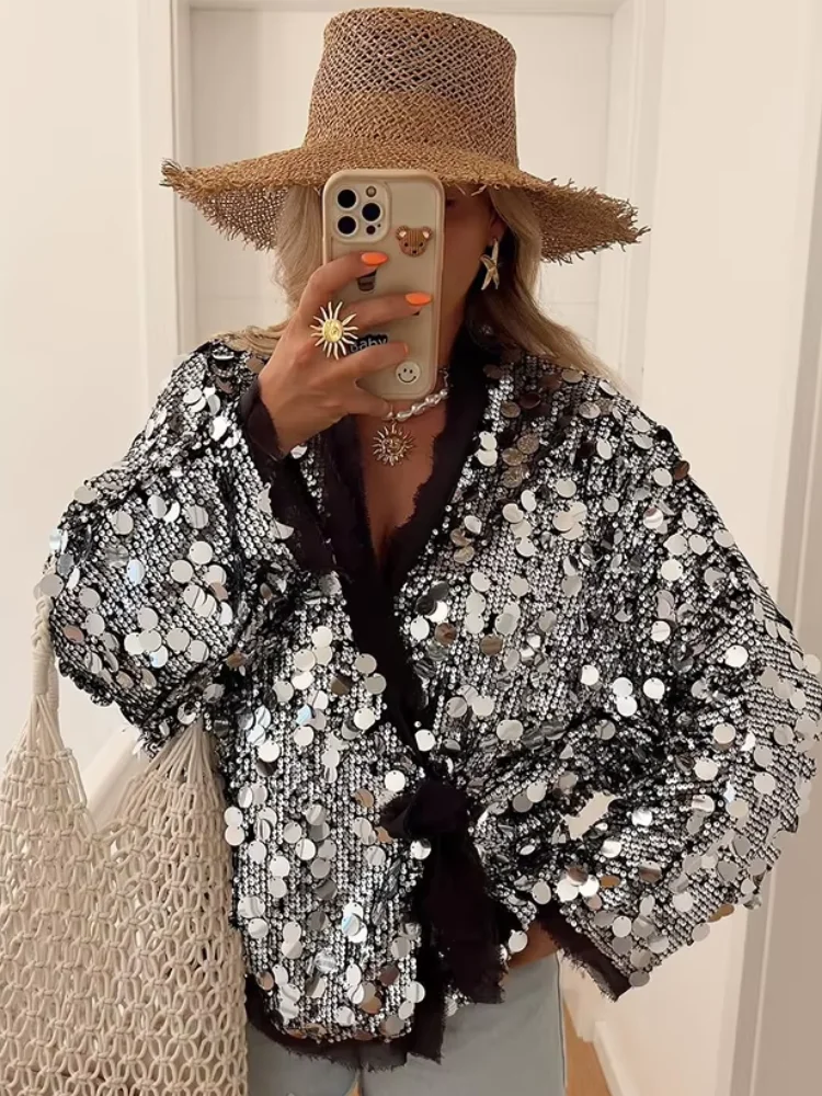 

Chic Sequins Jacket Women's Lace Up V Neck Short Long Sleeve Loose Coat New Autumn Vacation High Street 2025 Fashion Outwear