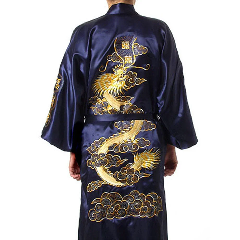 Chinese Style Men\'s Satin Bath Robe, Dragon Design, Silk Pajamas Sleepwear, M 2XL, Navy Blue/Red/White/Black/Blue