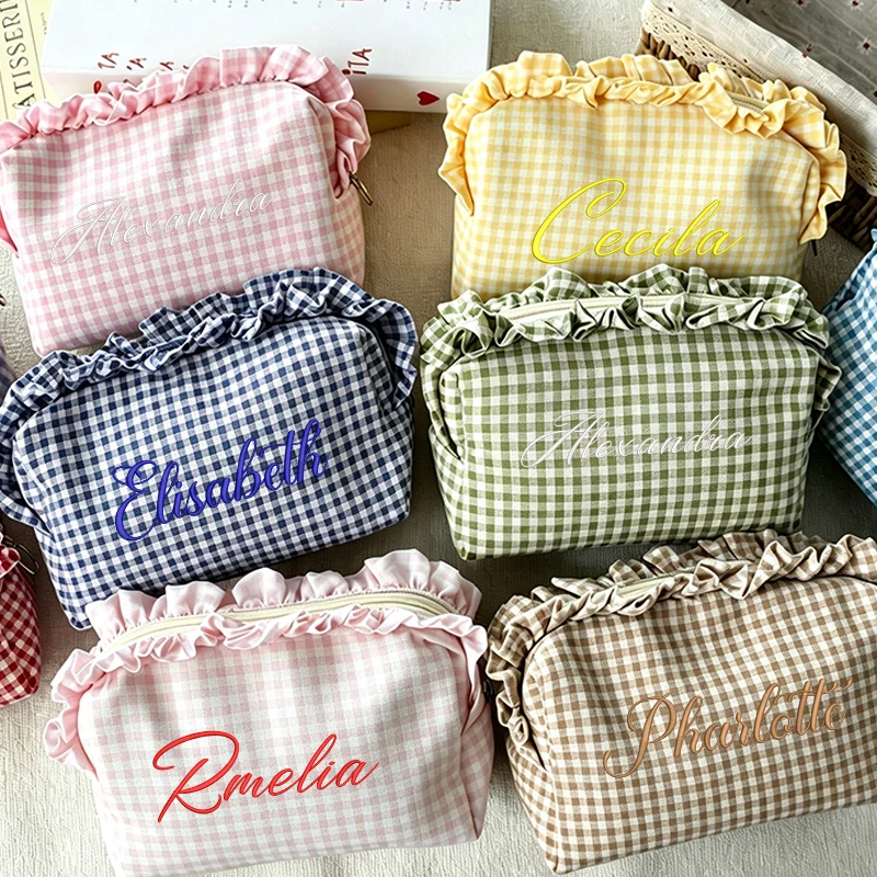 Personalized Custom Name Embroidered Gingham Makeup Bag Korean Style Ruffle Trim Cotton Bridal Daily Cosmetic Pouch Stroage Bags