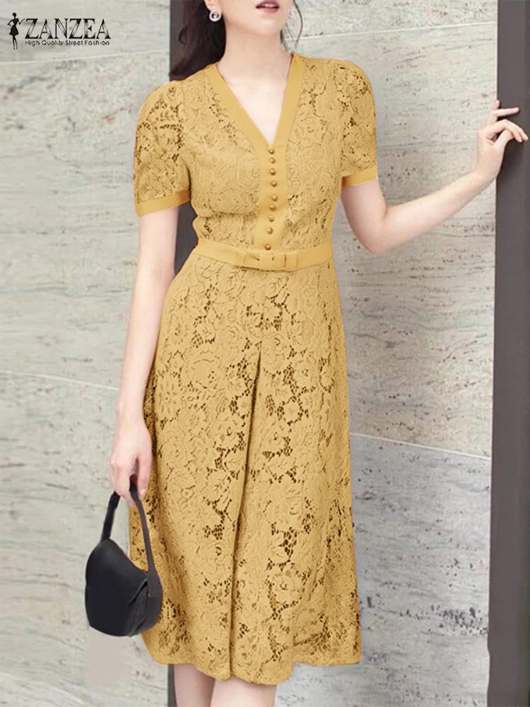 ZANZEA Elegant Womens Vestidos Openwork ลูกไม้ V คอเอวสั้นพัฟแขนเสื้อ Robes Femme Patchwork แฟชั่นชุด Midi