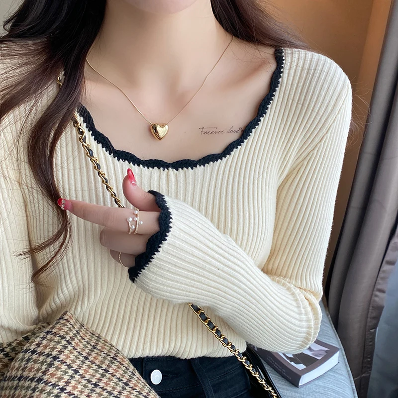 

Вязаный свитер женский, пуловер, модный свитер с круглым вырезом, вязаный пуловер, женские топы, белый, черный, с длинным рукавом, трикотаж Q999