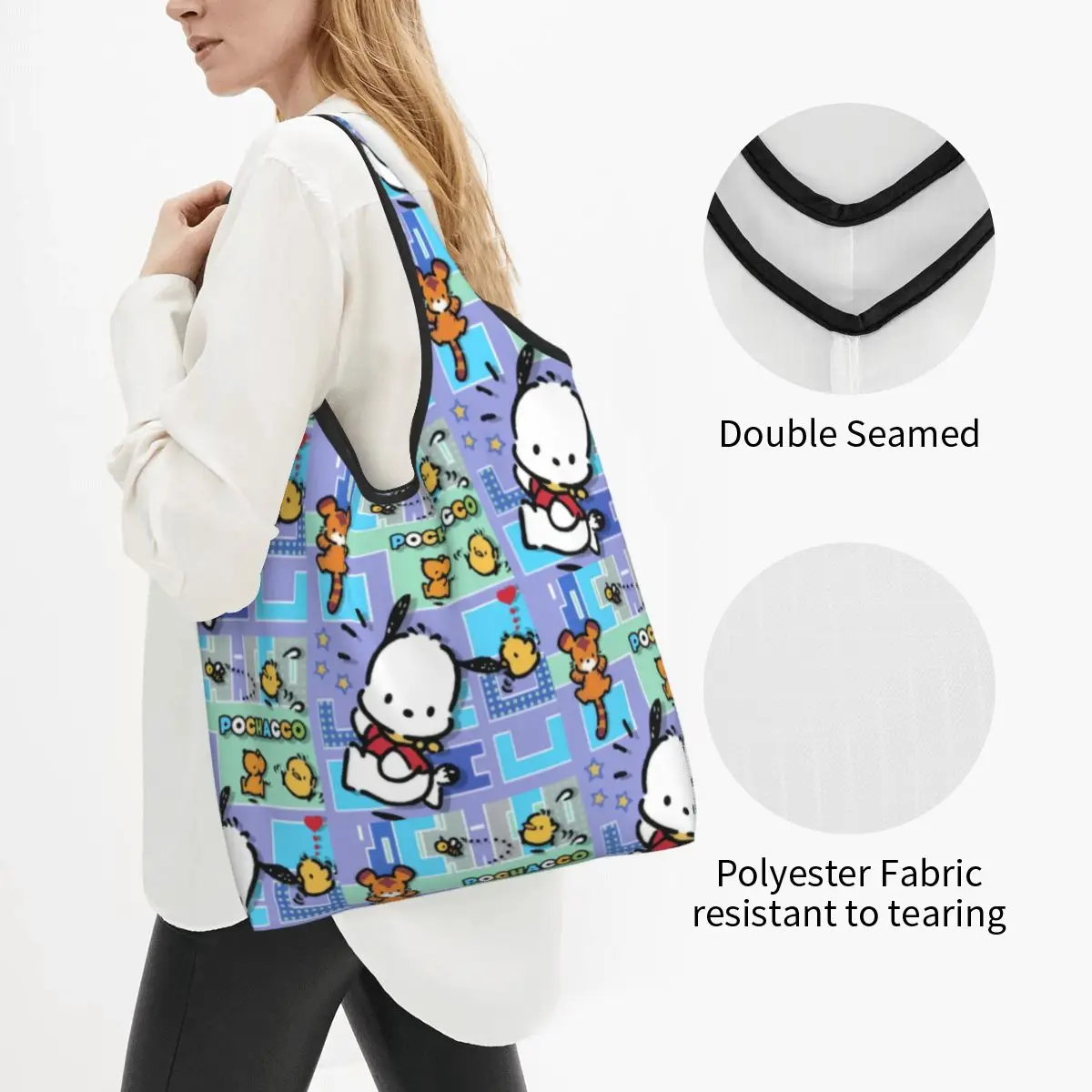 Custom Pochacco Sanrio Cartoon Grocery Shopping Tote Bag Women Kawaii Shoulder Shopper Bag Large Capacity Handbags