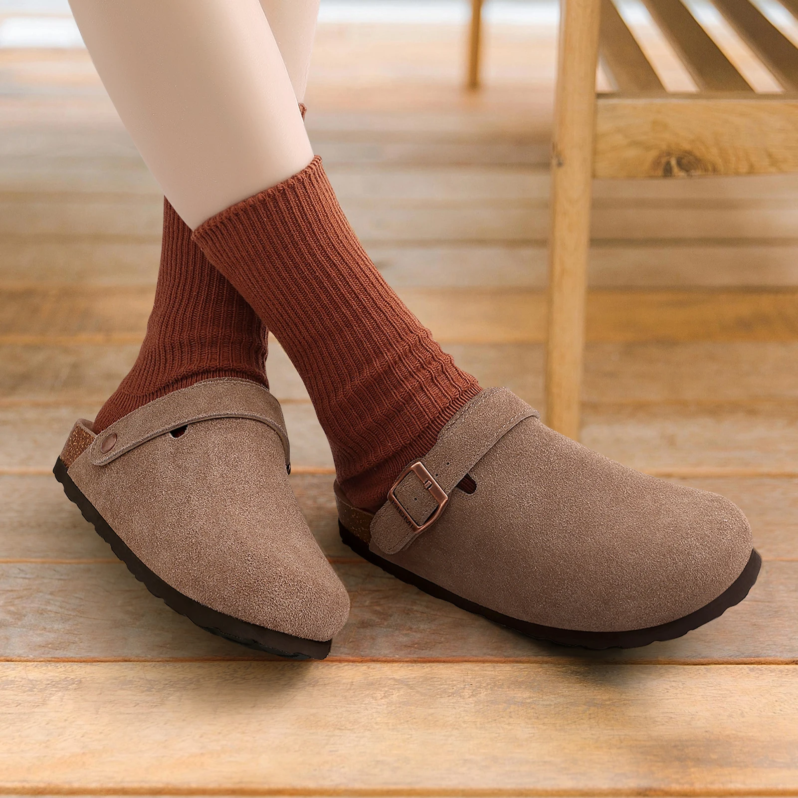 Shevalues Women Cow Suede Clogs With Adjustable Buckle Cork Leather Mules Comfortable Slip on Women Slippers Outdoor Cork Clogs image 5