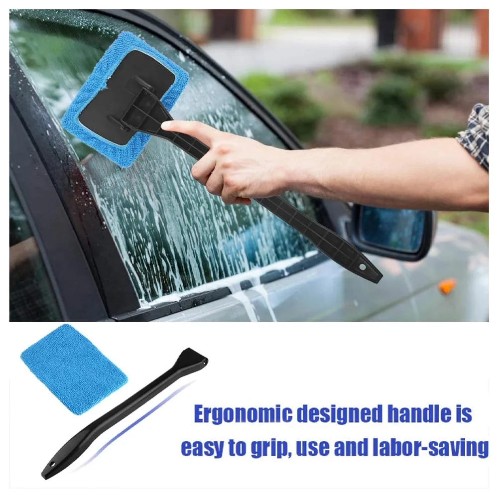 Microfibra Car Window Cleaner Brush Kit Ferramenta de limpeza do pára-brisa Auto Interior Wash Wiper Vidro Cabo longo Almofada de pano reutilizável