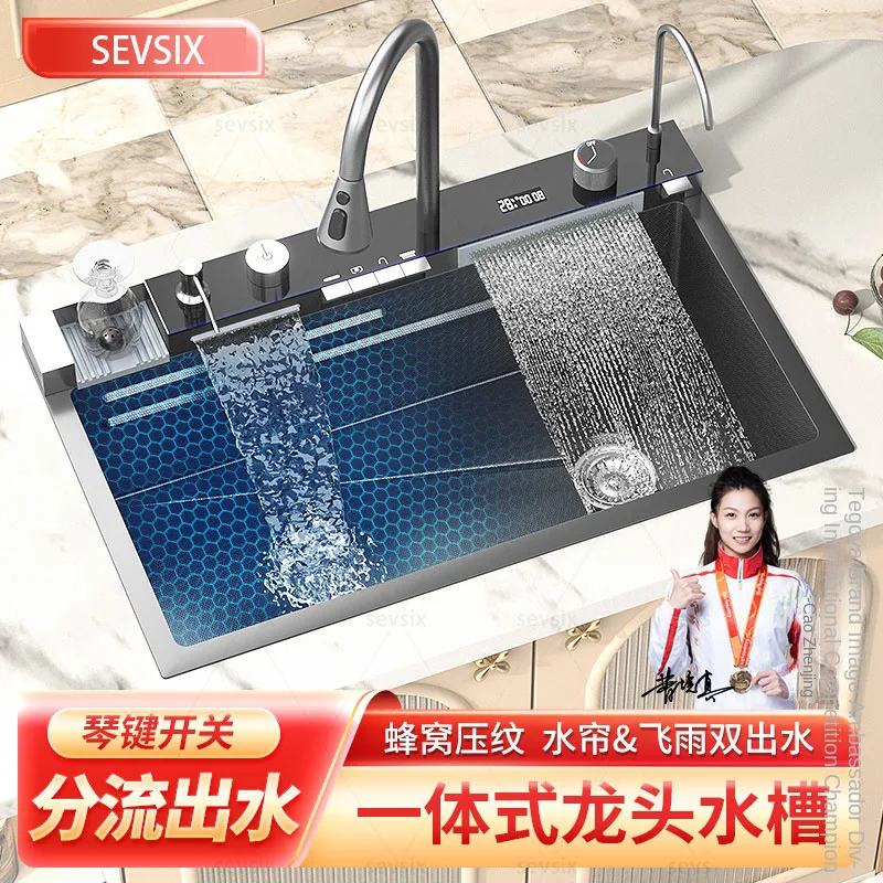 

304 Stainless Steel Waterfall Kitchen Sink Large Single Slot Integrated Digital Display Faucet Set Soap Dispenser Cup Washer
