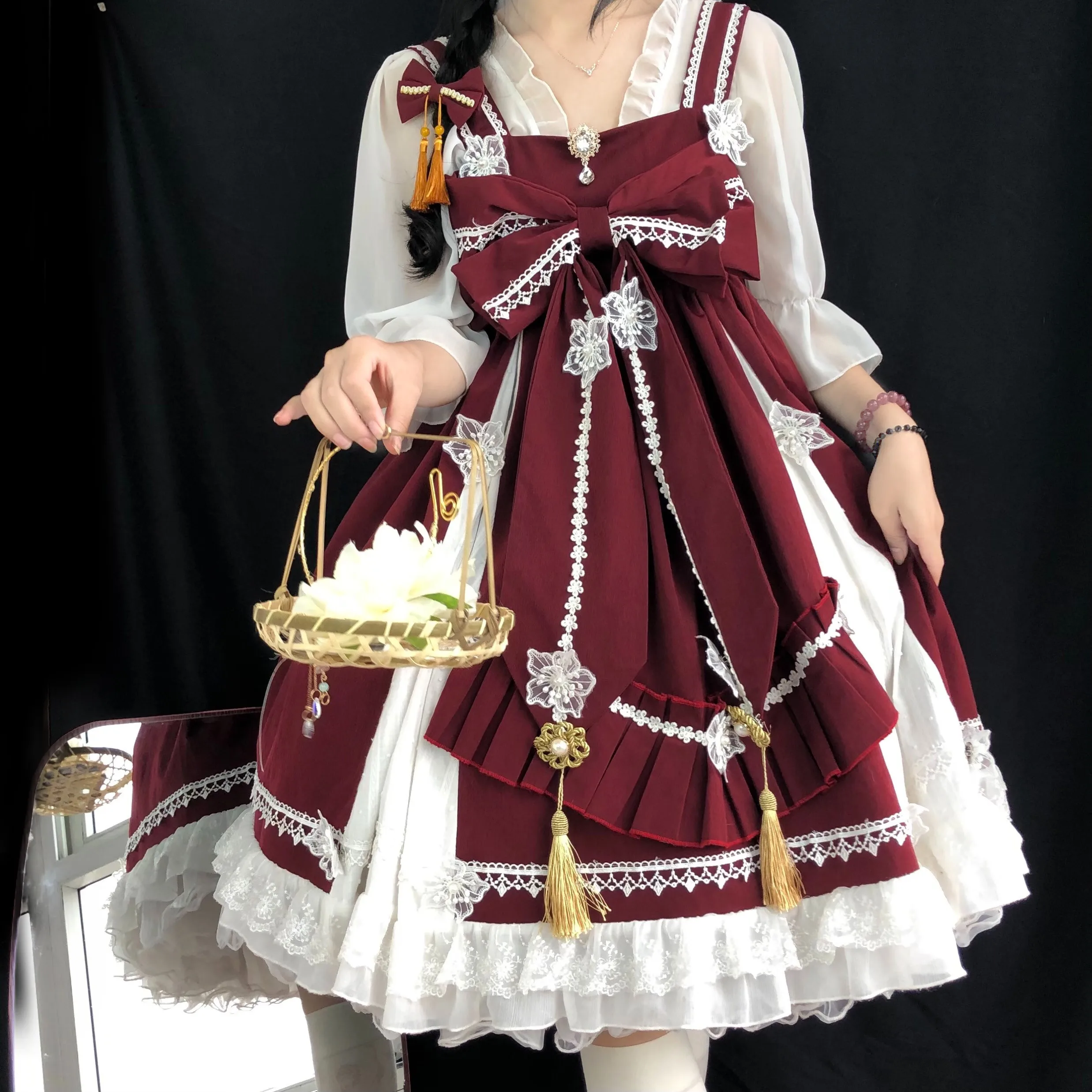 

MAGOGO Spring Summer Chinese Rainbow Fairy Elegant Two Piece Set Women Vintage Lolita Bow Lace Flower Strap Dress White Blouse