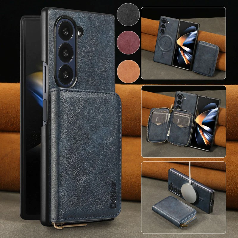 Detachable Magnetic Phone Case For Samsung Galaxy Z Fold6/Z Fold5/Z Fold 4 Solid Color Phone Cover With Zipper Wallet Card Bag