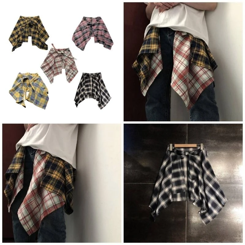 Unisex Checkered Wrap Skirt Layered A-Line Pleated Short Skirt Apron Shirt Extender Adjustable Tie Waist Boho Casual Overs