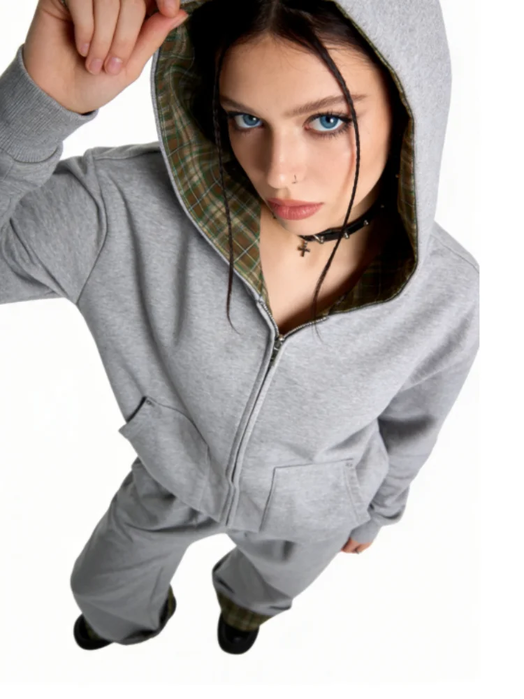 Y2K Aesthetic Streetwear Plaid Lined Tracksuit Set Women Cropped Zip Up Hoodie & Oversized Wide Leg Sweatpants