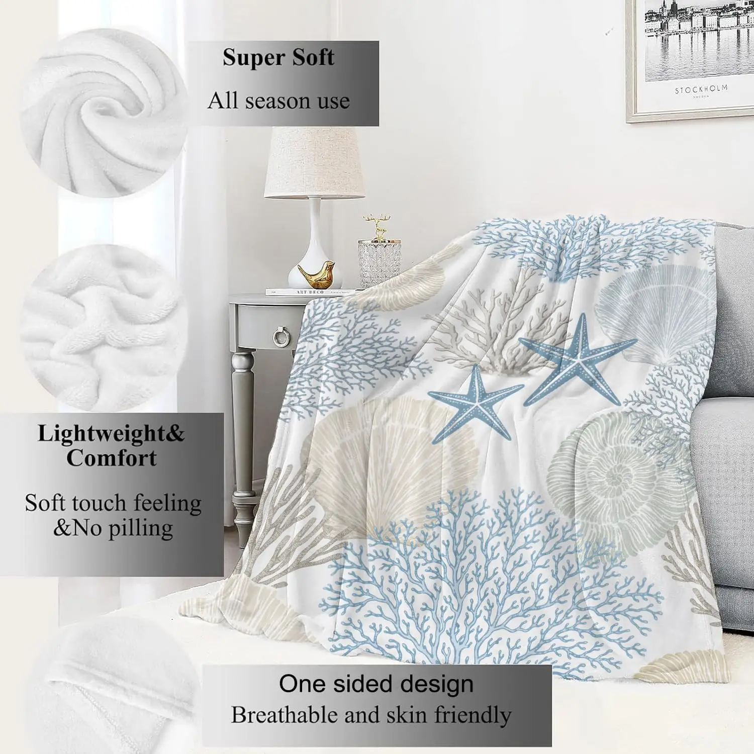 Nautical Beach Throw Blanket Soft Lightweight Flannel Coral Seashell Starfish Ocean Print for Sofa Bedroom Coastal Home Decor