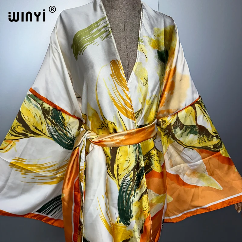 WINYI 2025 kimono plażowe damskie stroje kąpielowe narzutka boho kardigan szyty z paskiem wakacyjny płaszcz z długim rękawem kaftan wakacyjny