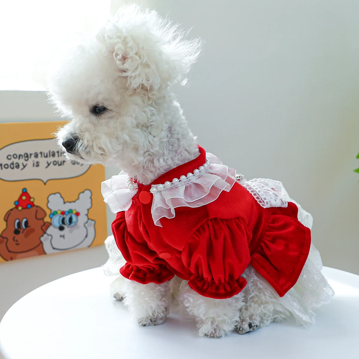 1PC Pet Clothing Cat Spring Autumn Red Velvet Bowknot Princess Dress Wedding Dress With Drawstring Buckle For Small Medium Dogs