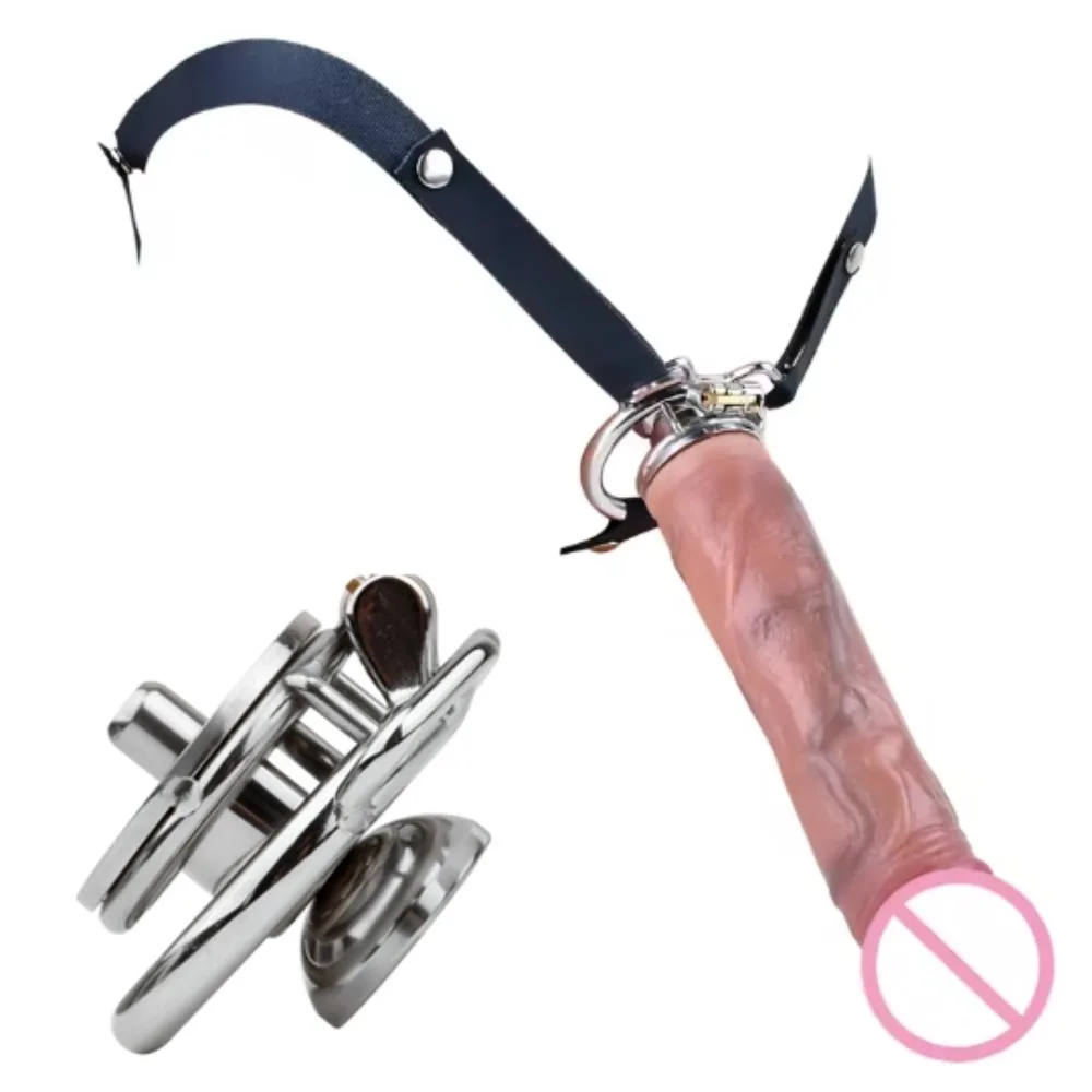 Urethral Inverted Negative Male Chastity Lock Flat Cock Cage with Detachable Realistic Dildo BDSM Adult Game Sex Toys for Men