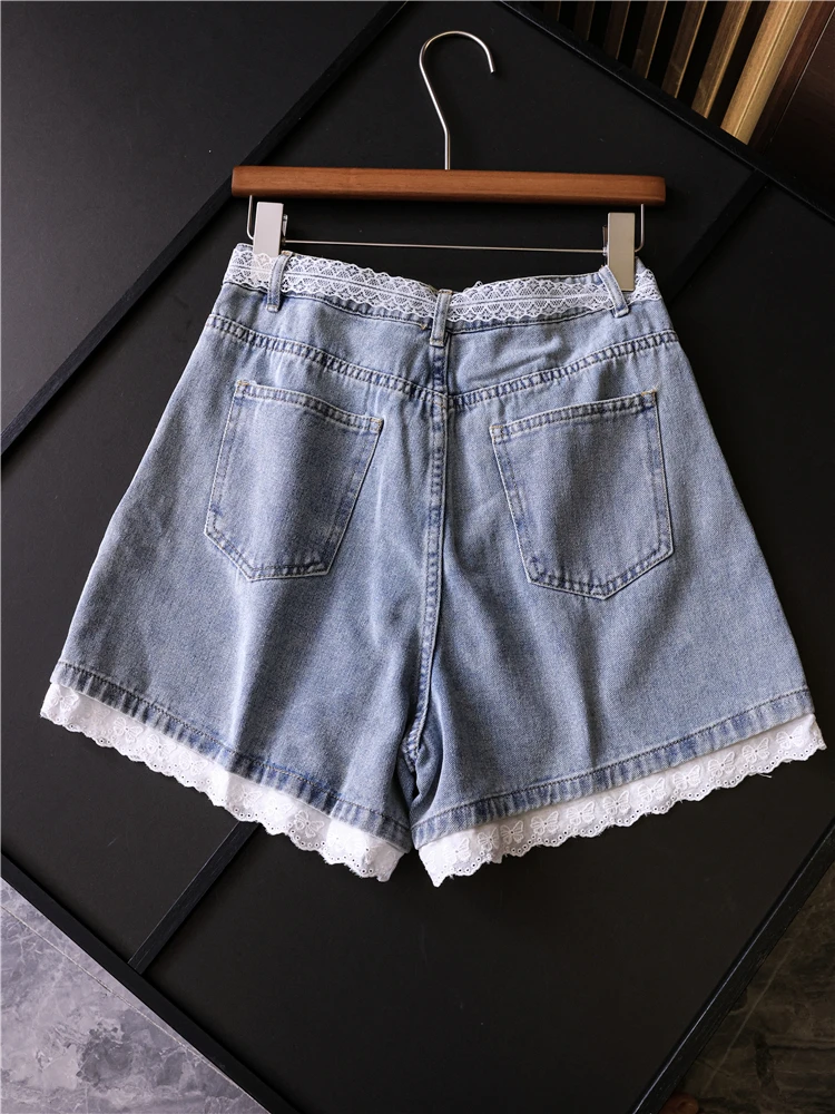 Color Block Lace Trim Belted Beaded Pocket Shorts Summer New Style Youthful Denim Pants Women's Shorts High Waist Wide Leg Jeans