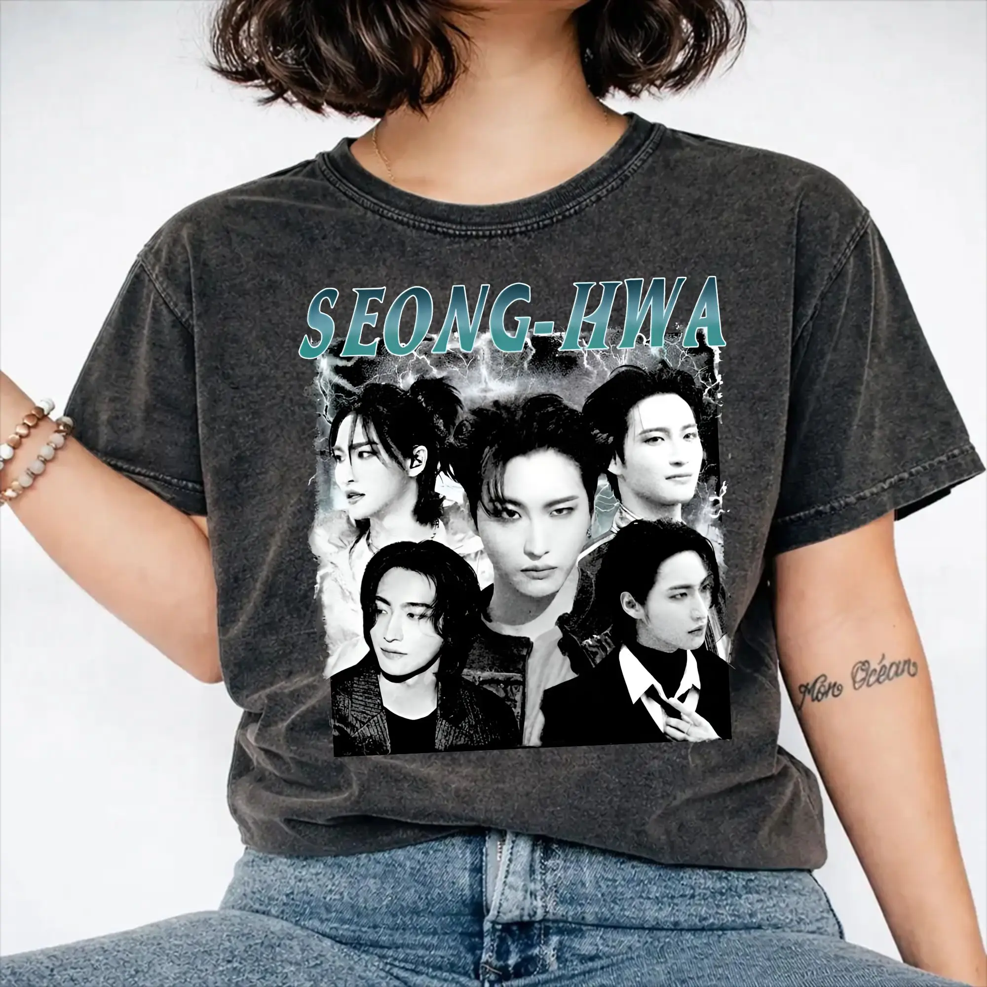 Ateez Seonghwa  Accessories Washed T Shirts Men Women Streetwear Hip Hop T-Shirt Graphic Printed  Tees Short Sleeve