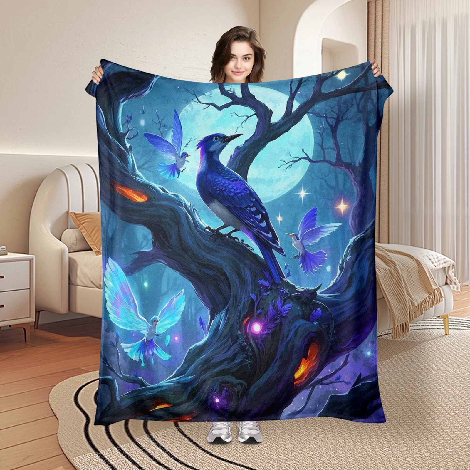 Woodpecker Moonlit Tree Purple Fairy Themed Warm Cozy Blanket For Whimsical Bedroom Decor And Evening Relaxation