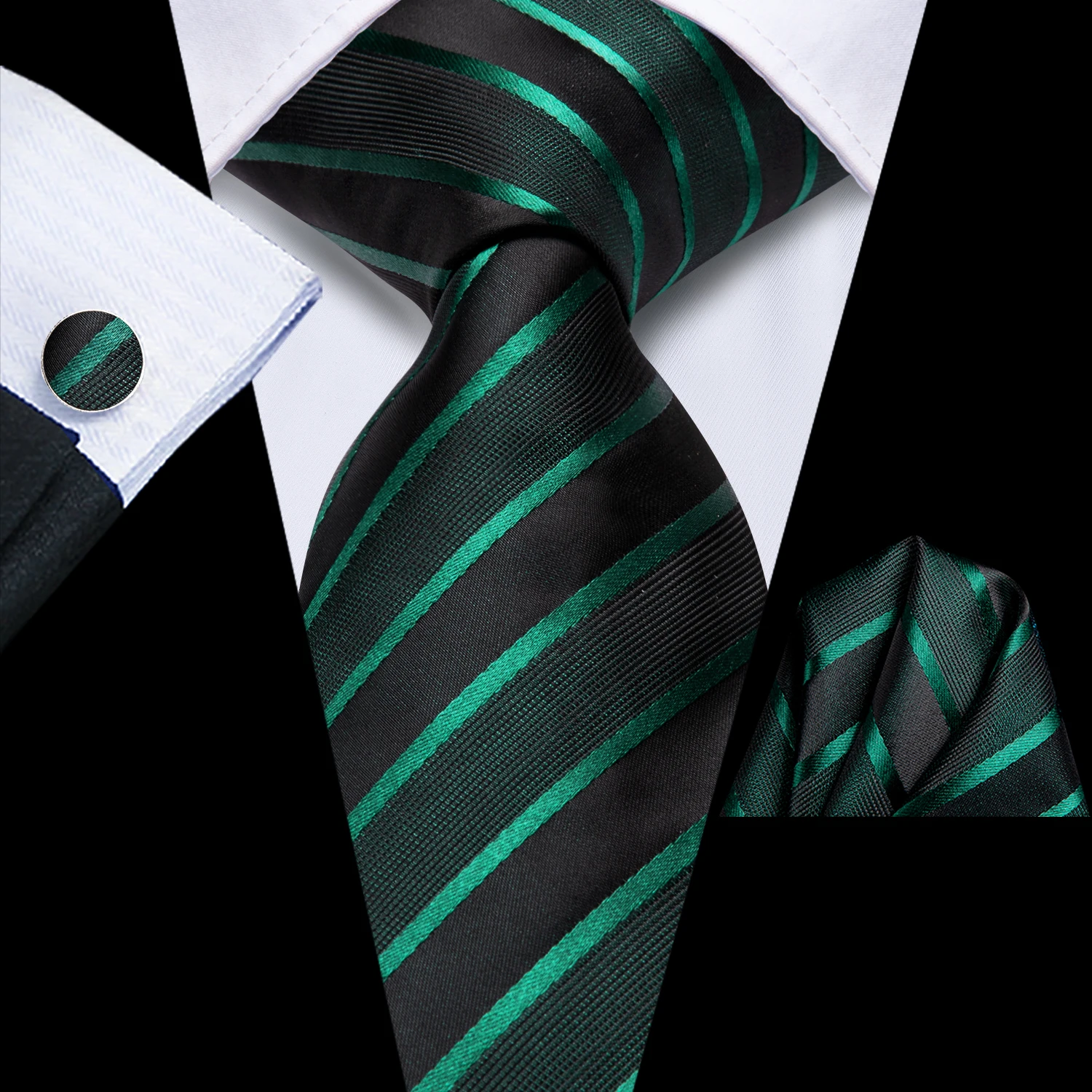 Hi-Tie-corbata verde oscuro para hombre, corbata de boda de seda Paisley a rayas, conjunto cuadrado de bolsillo, diseñador de moda de negocios para fiesta, triangulación de envíos