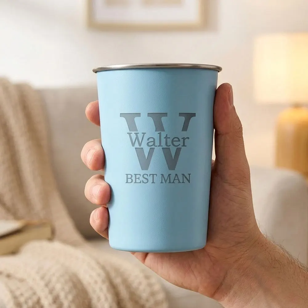 Custom Initial Stainless Steel Pint Cup, Personalized Monogram Metal Tumbler for Home Use, Reusable Unbreakable Drinking Cup.