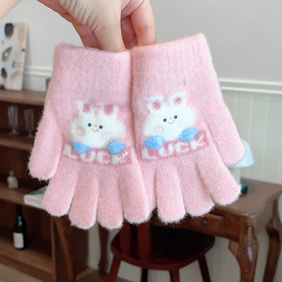 

3-8 Years Children's Cartoon Cute Rabbit Gloves Winter Cold-Proof Keep Warm Thicken Plush Five-Finger Gloves For Kids Boys Girls