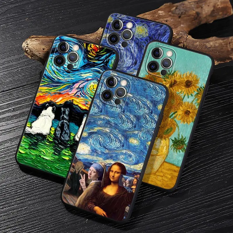 

Van Gogh Starry Night Cat Oil Painting Funda For iphone 15 Pro 14 11 12 13 Pro Max Mini XS X 7 8 14 Plus SE2020 Cases Soft Cover