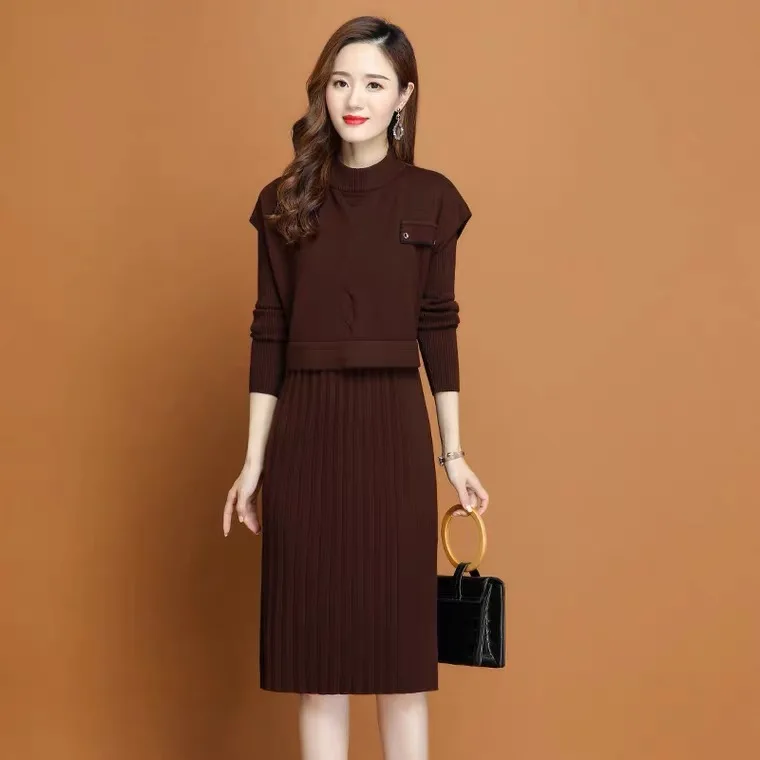 2023 Autumn/Winter New Long sleeved Knitted Sweater Dress Two Piece Set for Women's Loose Large Vest Slim Fit Knitted Shirt Set