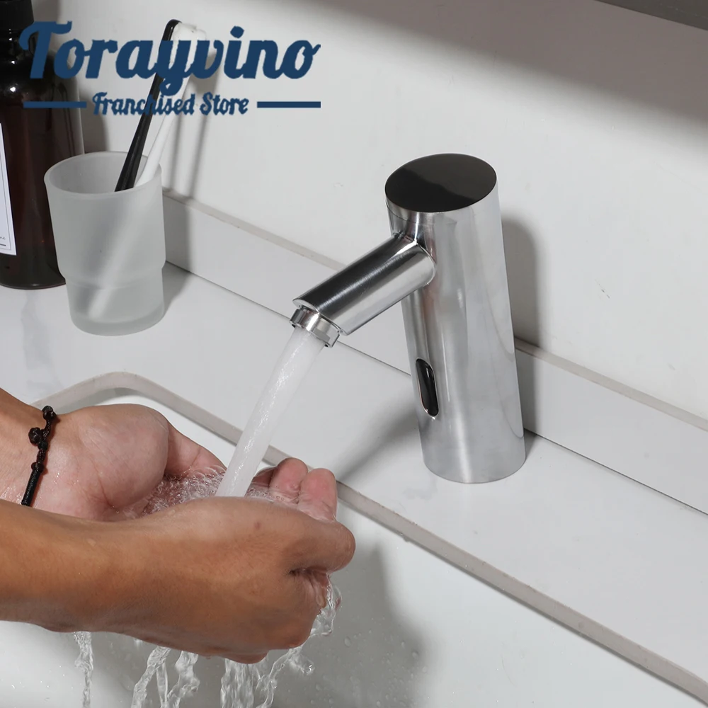 Torayvino Bathroom Sink Faucet Automatic Inductive Brushed Nickel Single Handle Faucet Control Temperature Mixer Deck Mounted