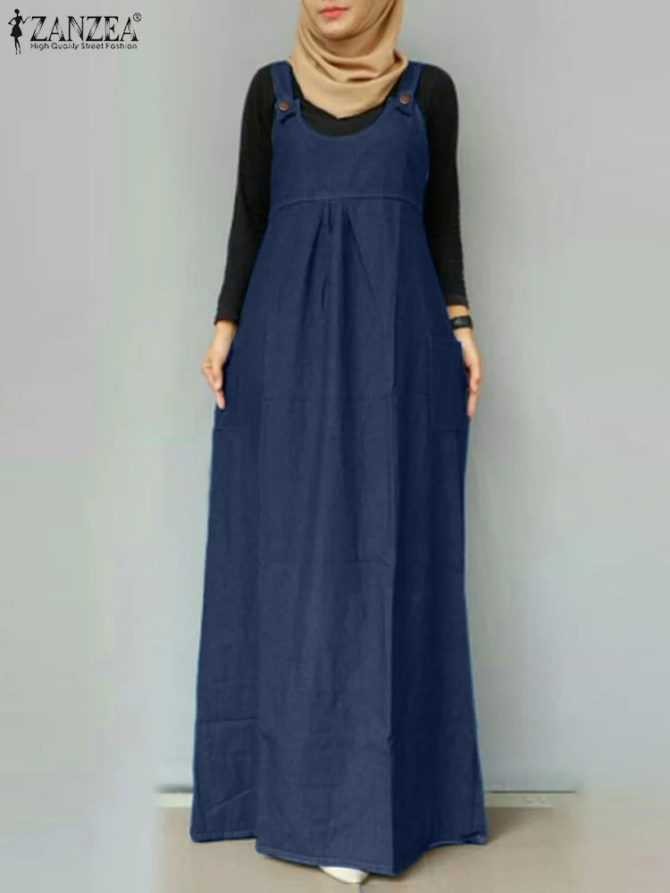 

2024 ZANZEA Women Overalls Dress Fashion Spaghetti Strap Denim Blue Sundress Casual Solid Loose Muslim Abaya Vestido Robe Femme