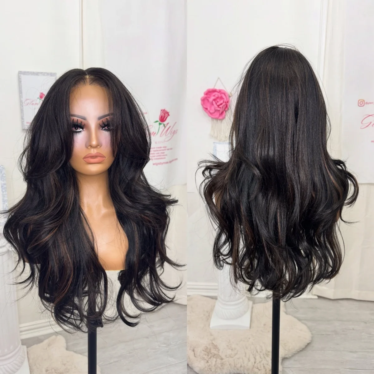 24 Inches Dark Brown with Highlights Synthetic Lace Frontal Wigs Long Length Loose Wave Daily Party Wigs Small Large Cap Size