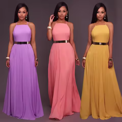 Fashion Women Summer Sleeveless Strap O neck Boho Dress Casual Long Maxi Evening Party Beach Backless Dress Sundress