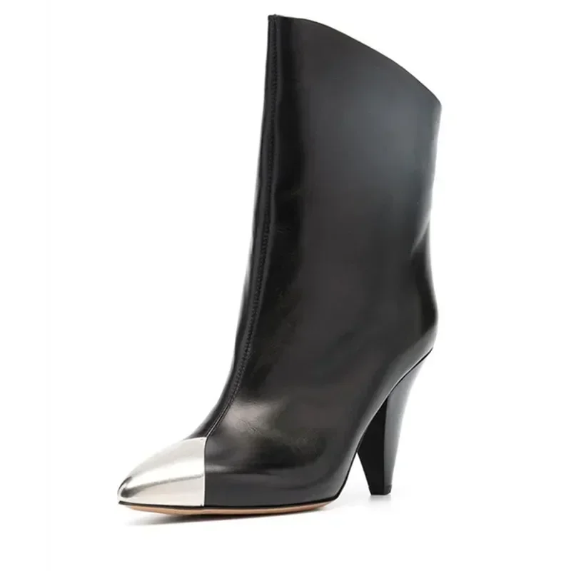 

European And American Plus Tapered Leather Pointed Fashionable Short Boots For Women With Iron Toe Sleeves And Knee High Boots