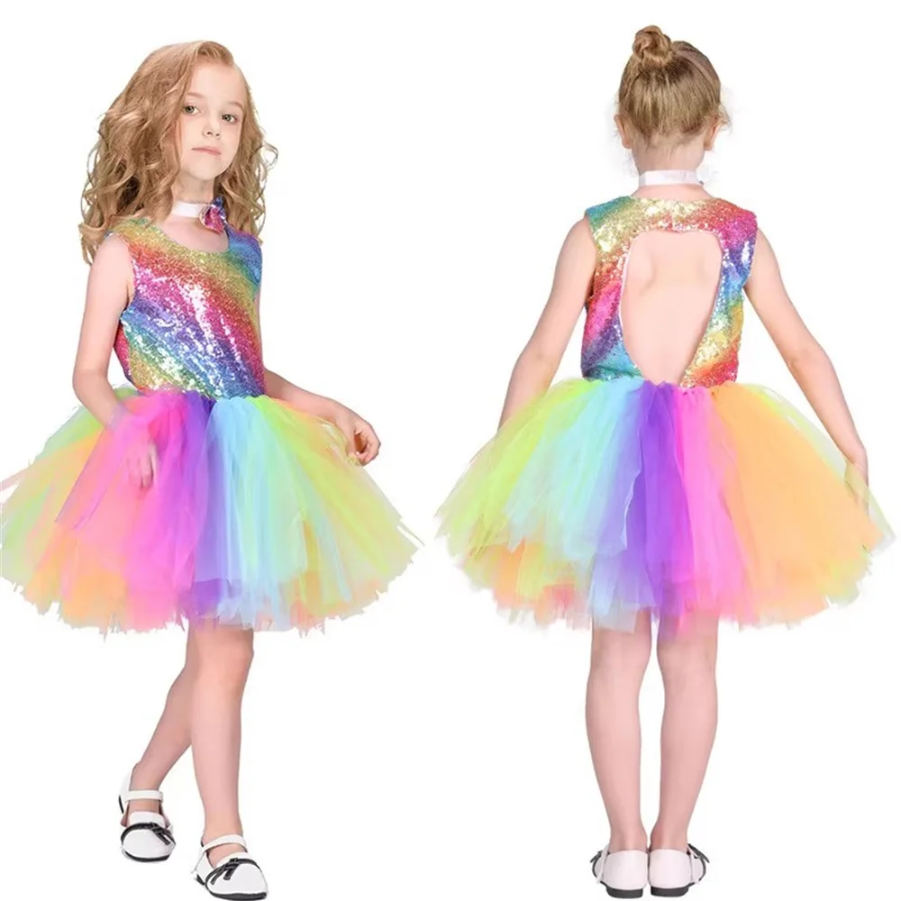 Kids Cosplay Pastel Rainbow Sequins Dress Baby Girl Birthday Party Princess Costume Children Summer Tutu Dress 2-10T Clothes