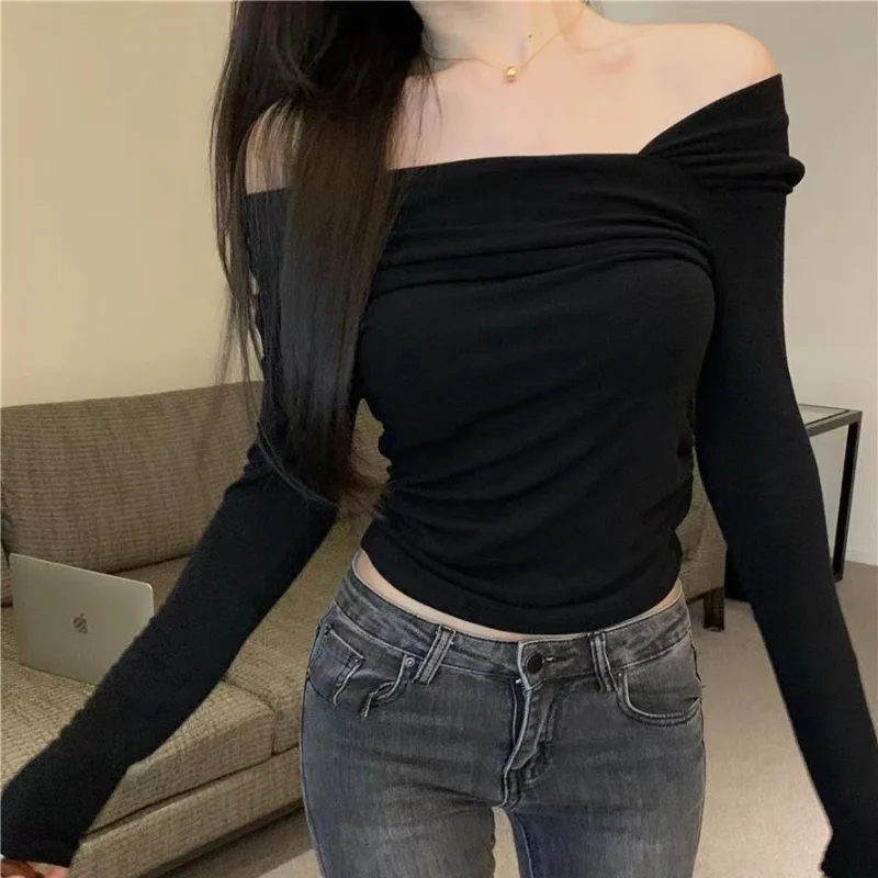 Women Off Shoulder T-shirts Casual Solid Long Sleeve Shirts Cropped Tops Streetwear Clubwear Sexy Skew Collar Warm Pullovers