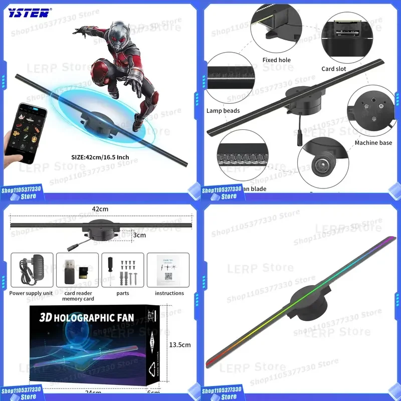 3D Holographic Fan Display LED Advertising Projector Air Hanging Stereo Visual Effect Light for Shop Window Exhibition Show