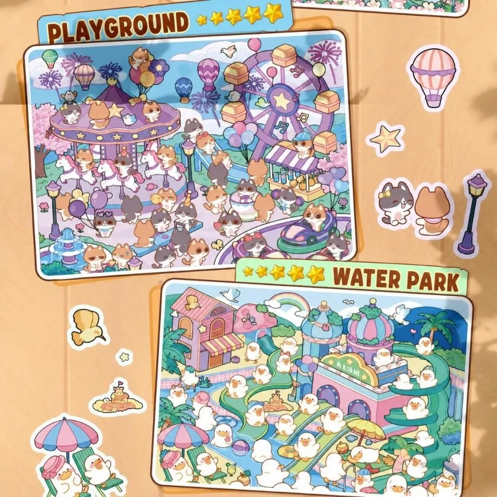 Funny Animal Theme 3D Miniature Scene Stickers 8 Scenes Collage Landscape Sticker Book Stress‑relief DIY Cabin Scene Sticker