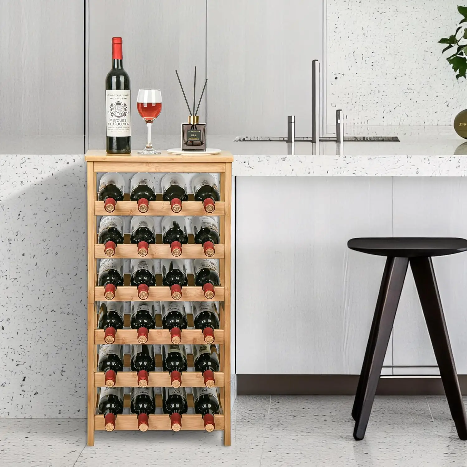 6-Tier Bamboo Wine Rack with Table Top, Holds 24 Bottles for Kitchen Bar Dining Living Room, Natural Finish