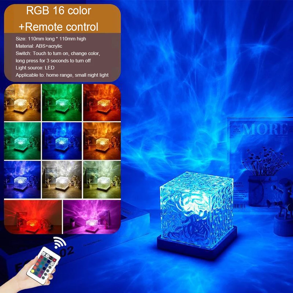 Dynamic Water Ripple Night Light 16 Colors Flame Crystal Lamp Remote Rotating Water Ripple Small Cube Lamp Home Decor