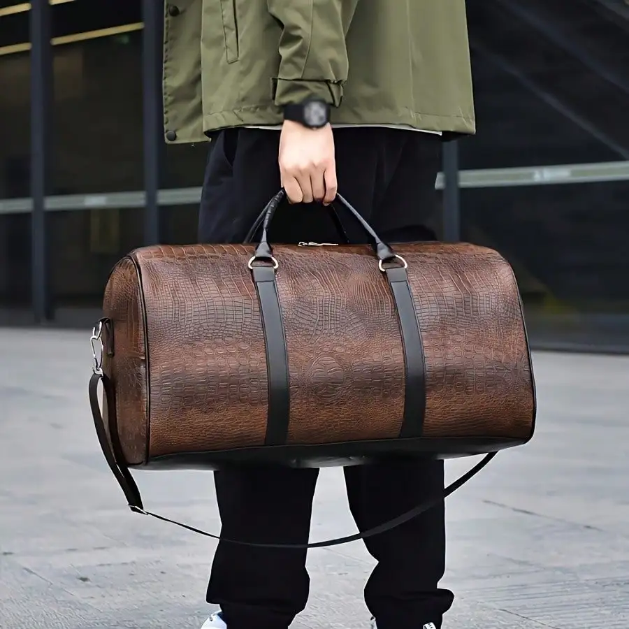 Pattern Travel Tote Bag, Vintage Style Large Capacity Multi-functional Travel Handbag, Comes With Detachable Shoulder Strap, Available in Black & Dark Brown, Stylish Weekend Carry Bag, Perfect for Short Trips, Gym and Daily Storage for Men & Women