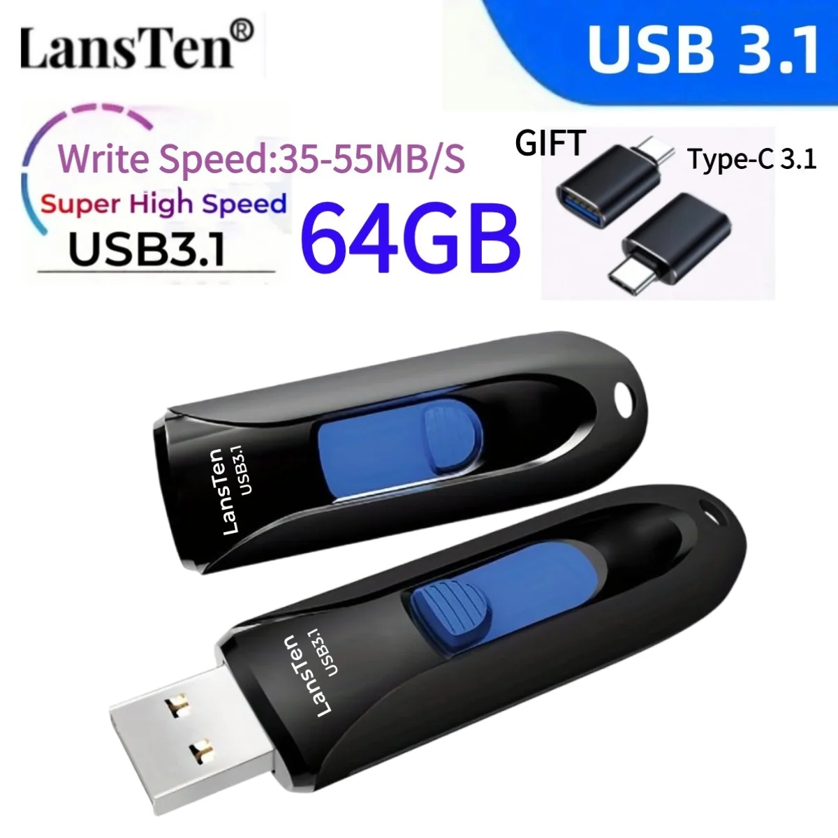 

LansTen USB Flash Drive Pen Drive USB 3.1 Pendrive 8GB 16GB 32GB 64GB 128GB Flash Memory Stick With USB 3.1 Type-C Adapter