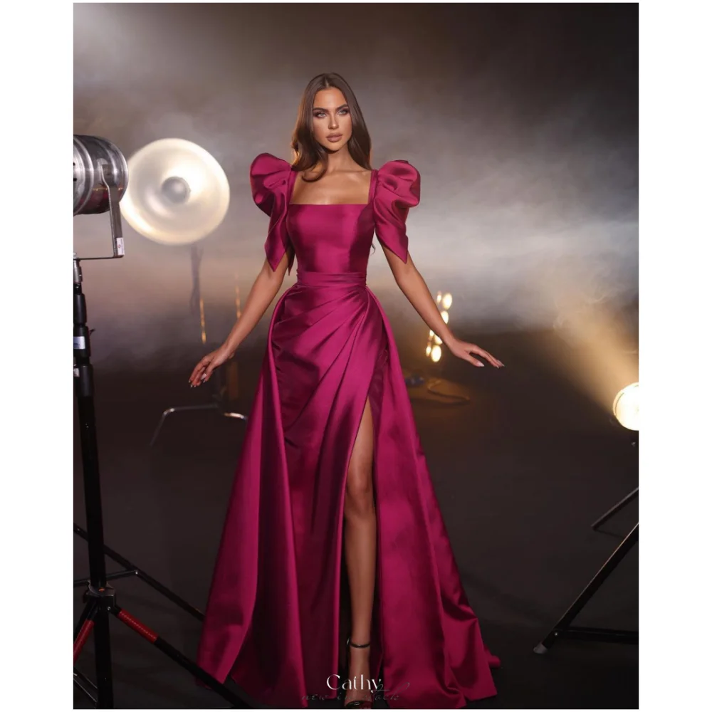 Cathy Rose Red Puff Sleeve Square Collar Wedding Dresses Side Slit Satin vestidos de noche Prom Customized Formal Evening 2024