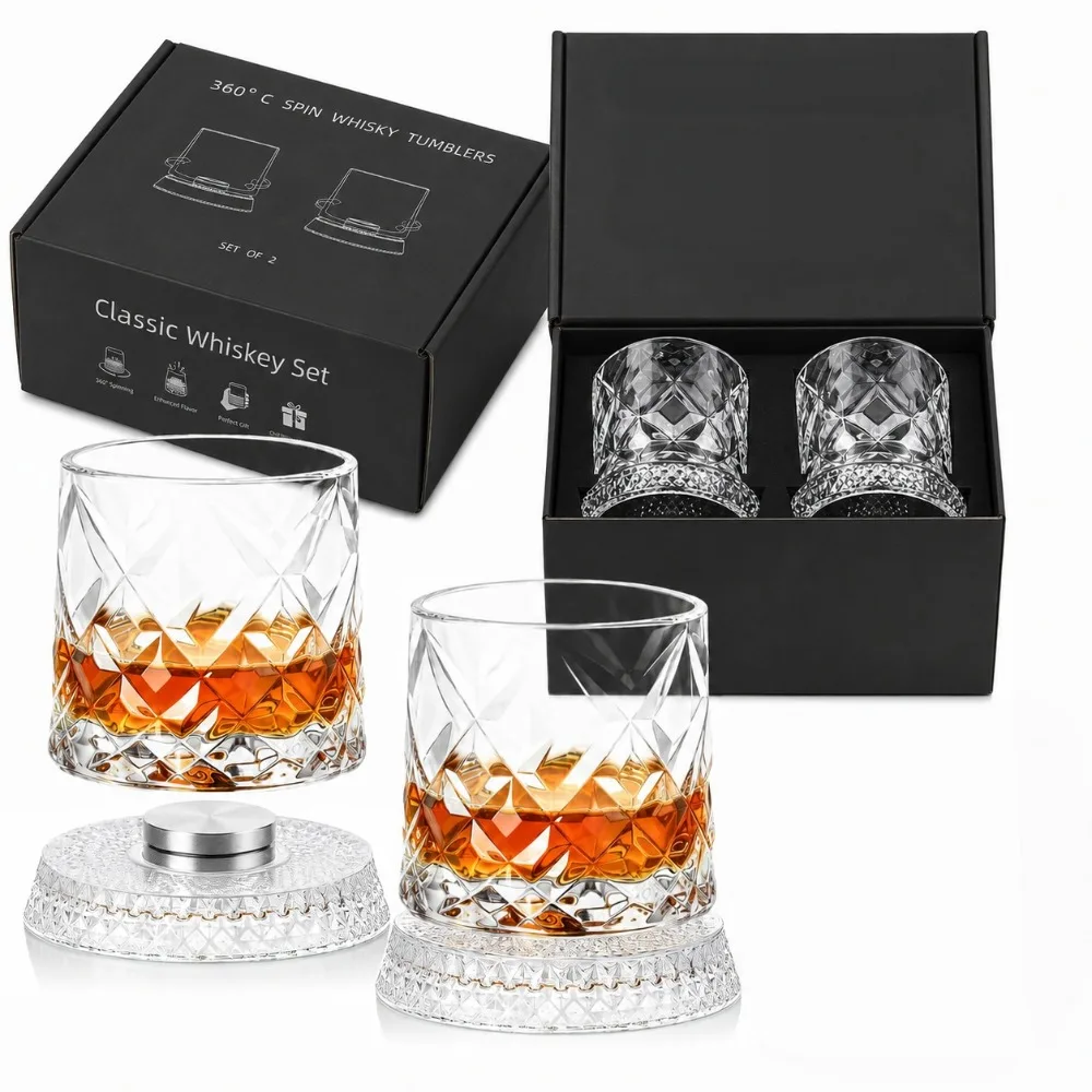 Whiskey-Weinglas-Set mit 2 Stück und Glasfuß, 360-Grad-Drehung, Kristall-Rumglas für Cocktailpartys, als Geschenk geeignet. – Detail 1