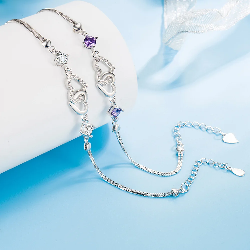 925 Sterling Silver Double Love Heart Zircon Bracelet For Women Wedding Party Fashion Charm Jewelry